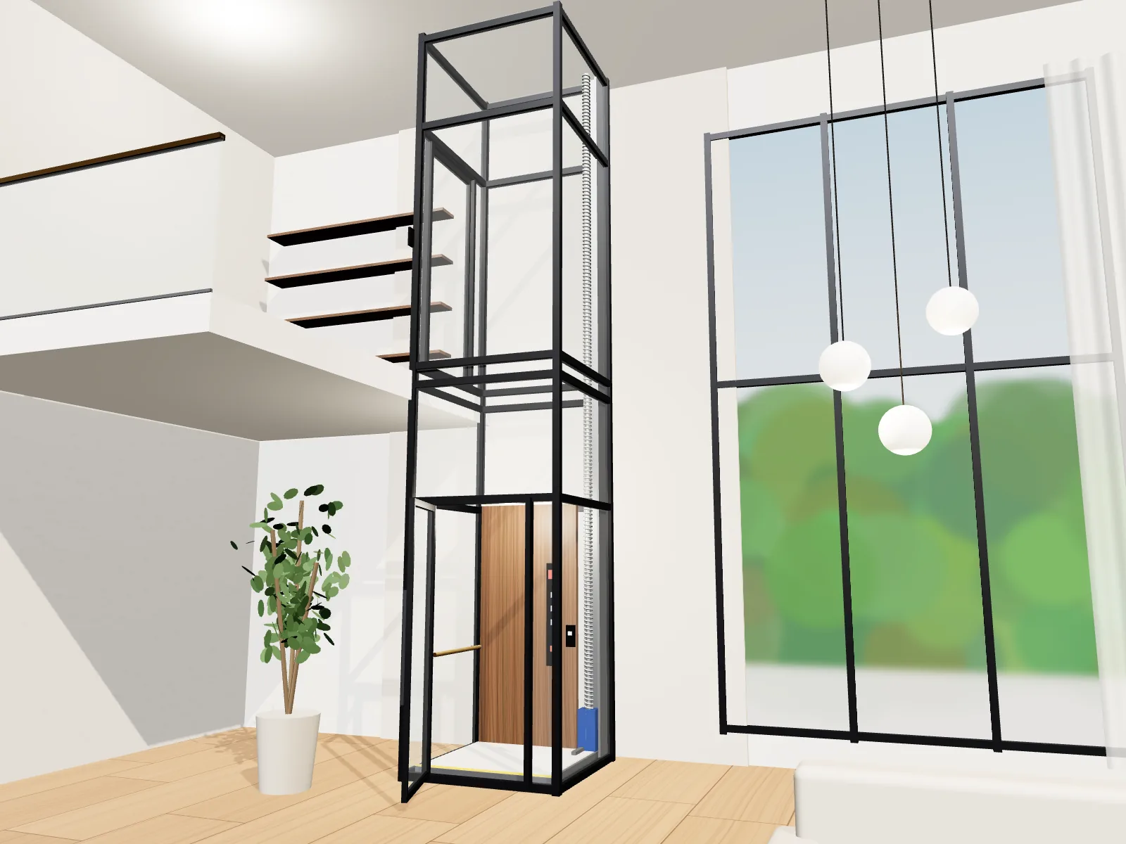 Phối cảnh 3D thang máy trục vít giếng kính trong biệt thự thông tầng