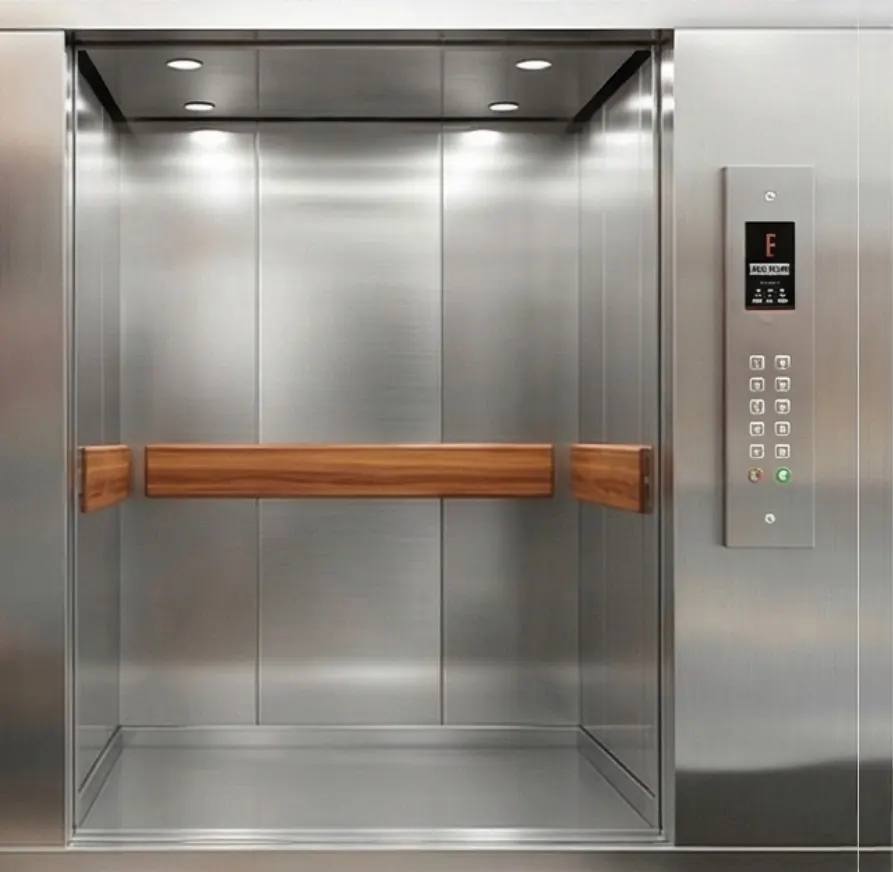 Thang tải thực phẩm cửa inox, tay vịn gỗ